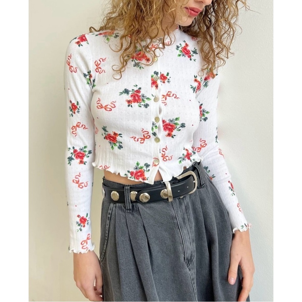 Lisa Says‎ Gah Poppy Pointelle Knit Cardigan Sweater Top in Bisou Floral